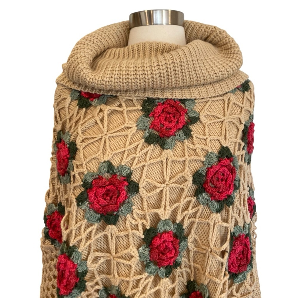 Crochet Knit Shawl Poncho with Rose Appliqué - Picture 3 of 6